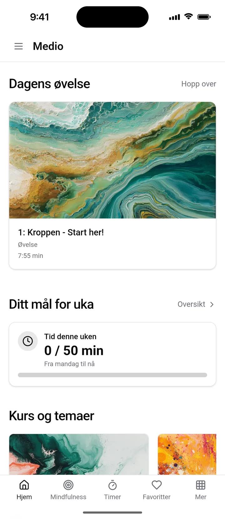 Medio-appens hjemskjerm med dagens øvelse, ukemålet «Tid denne uken» og kurs og temaer