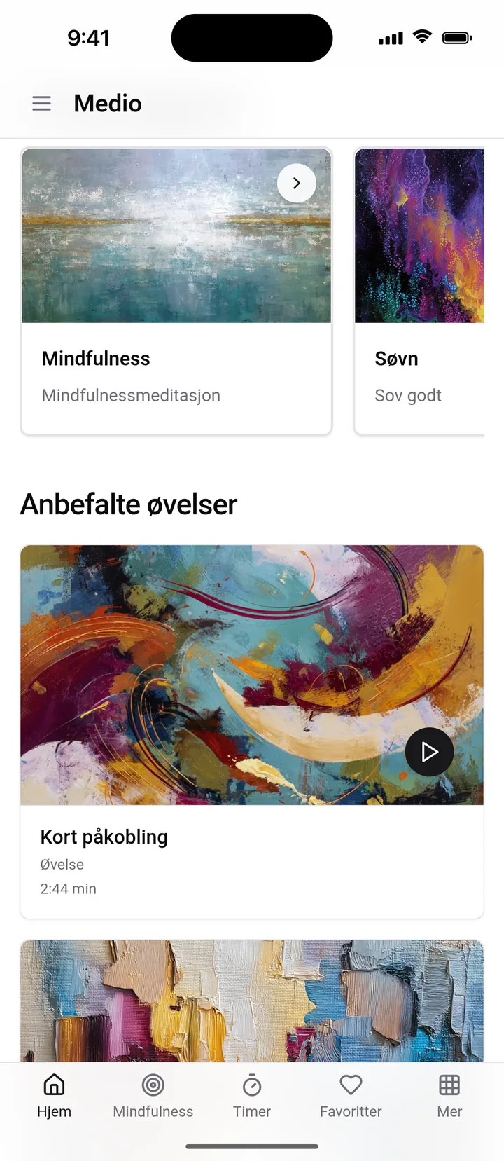 Medio-appens hjemskjerm med kategorier å utforske og anbefalte øvelser
