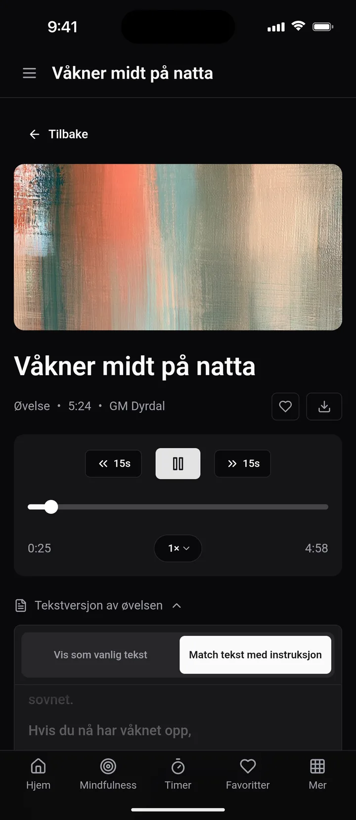 Øvelsen «Våkner midt på natta» spilles av i mørk modus