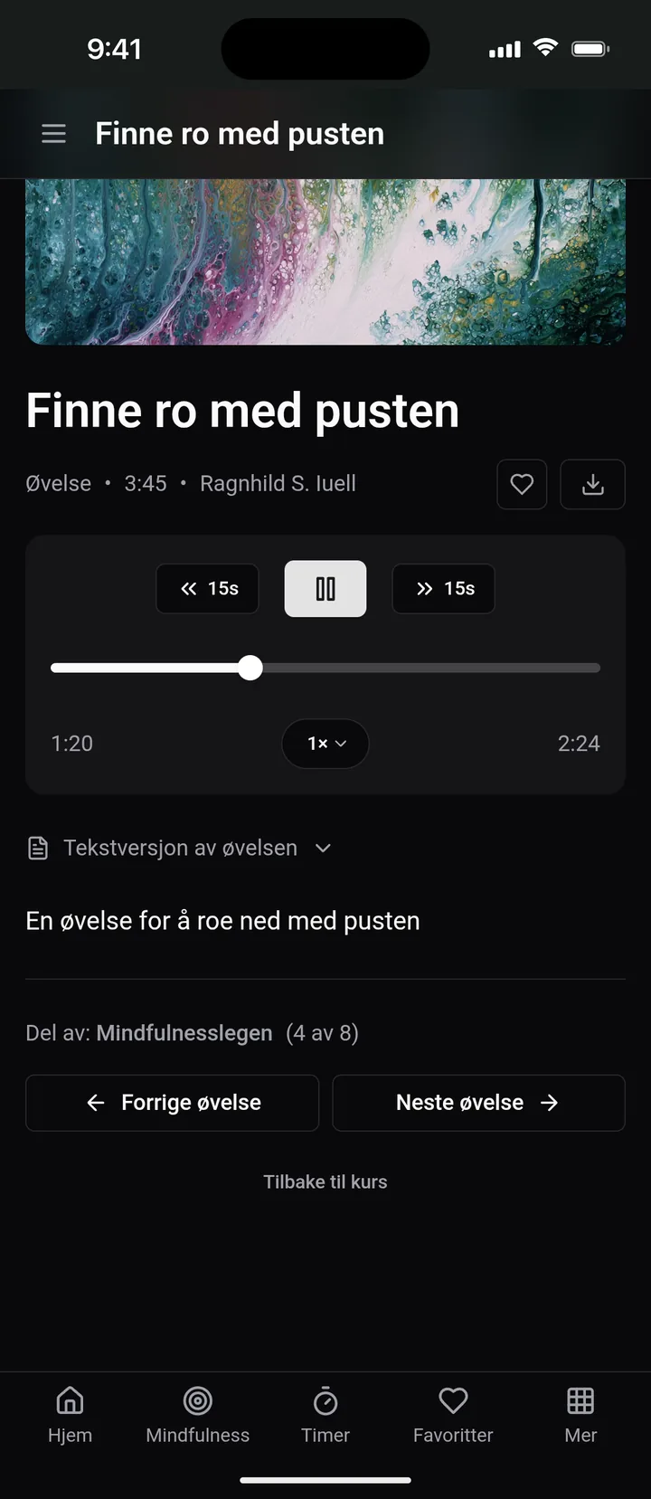 Pusteøvelsen «Finne ro med pusten» med lege Ragnhild S. Iuell spilles av i mørk modus