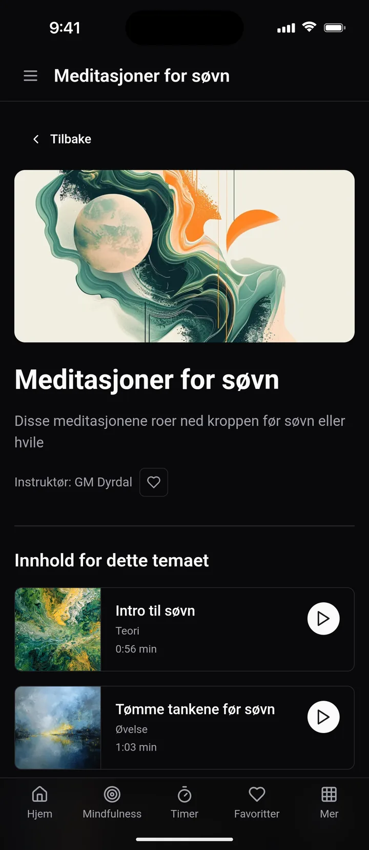 Kurset «Meditasjoner for søvn» i mørk modus med øvelser som Intro til søvn og Tømme tankene før søvn