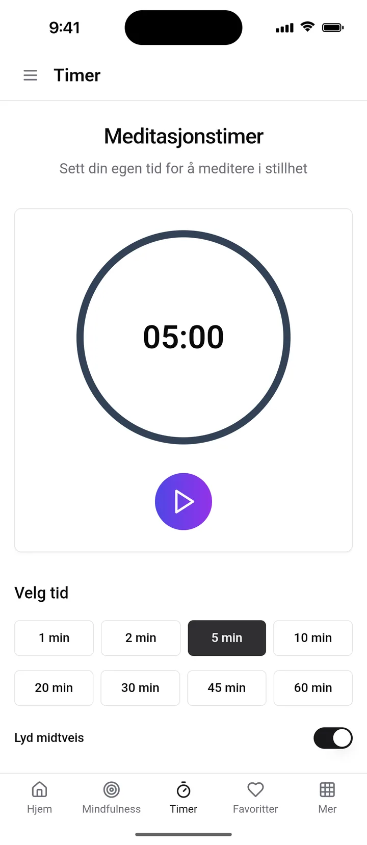 Meditasjonstimeren i Medio med valg fra 1 til 60 minutter