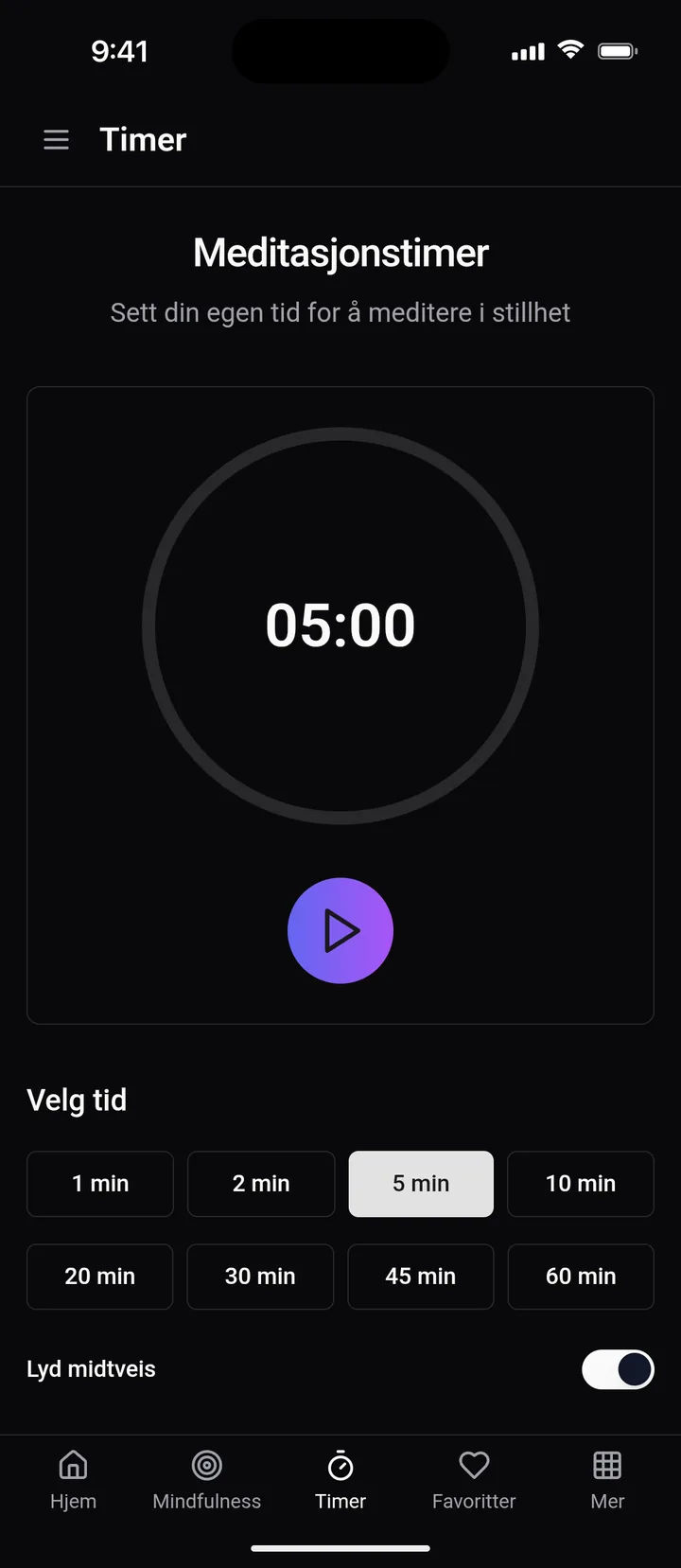 Meditasjonstimeren i Medio i mørk modus, med valg fra 1 til 60 minutter